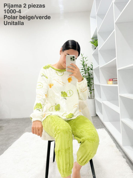 1000-4 Pijama Set 2 Piezas Polar Beige/Verde Unitalla