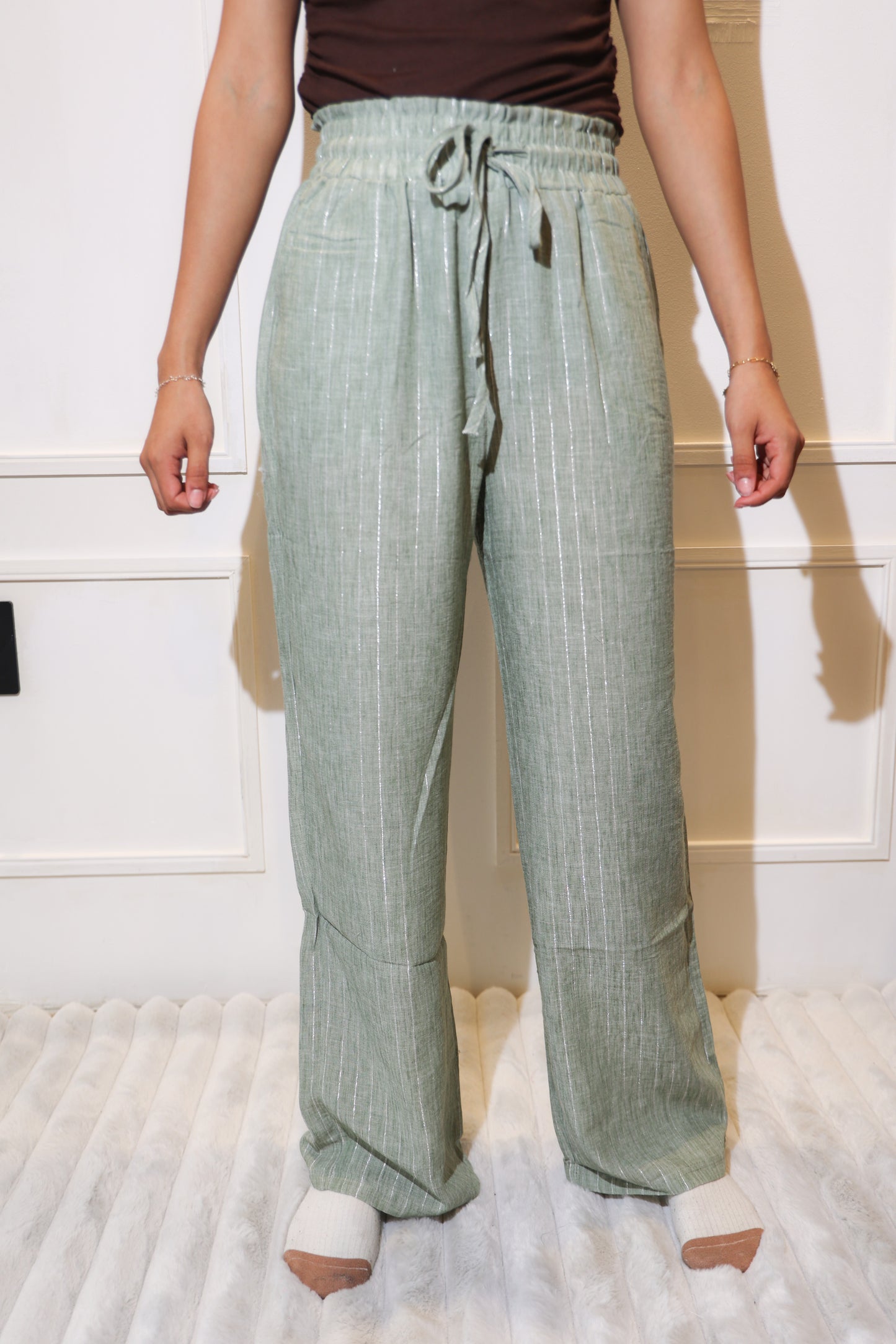1873 pantalon con rayas verde tela fresca