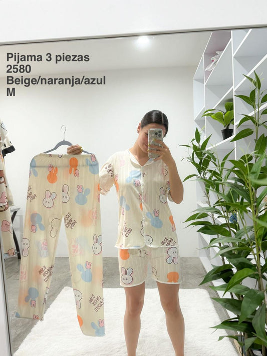 2580 Pijama 3 Pïezas Beige/Naranja/Azul