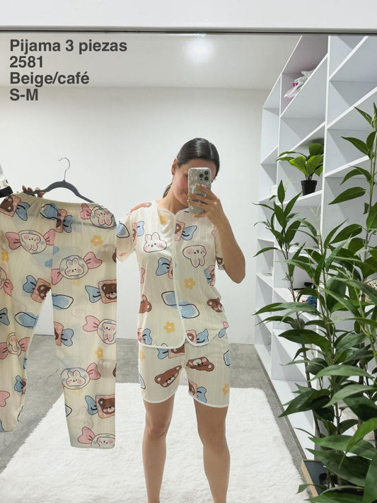 2581 Pijama 3 Piezas Beige/Café