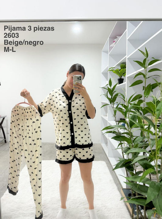 2603 Pijama 3 Piezas Beige/Negro