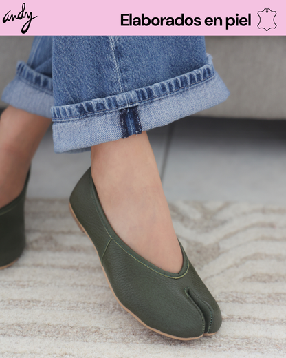 4801R Tabbi Piel Verde Zapato Estilo Japones