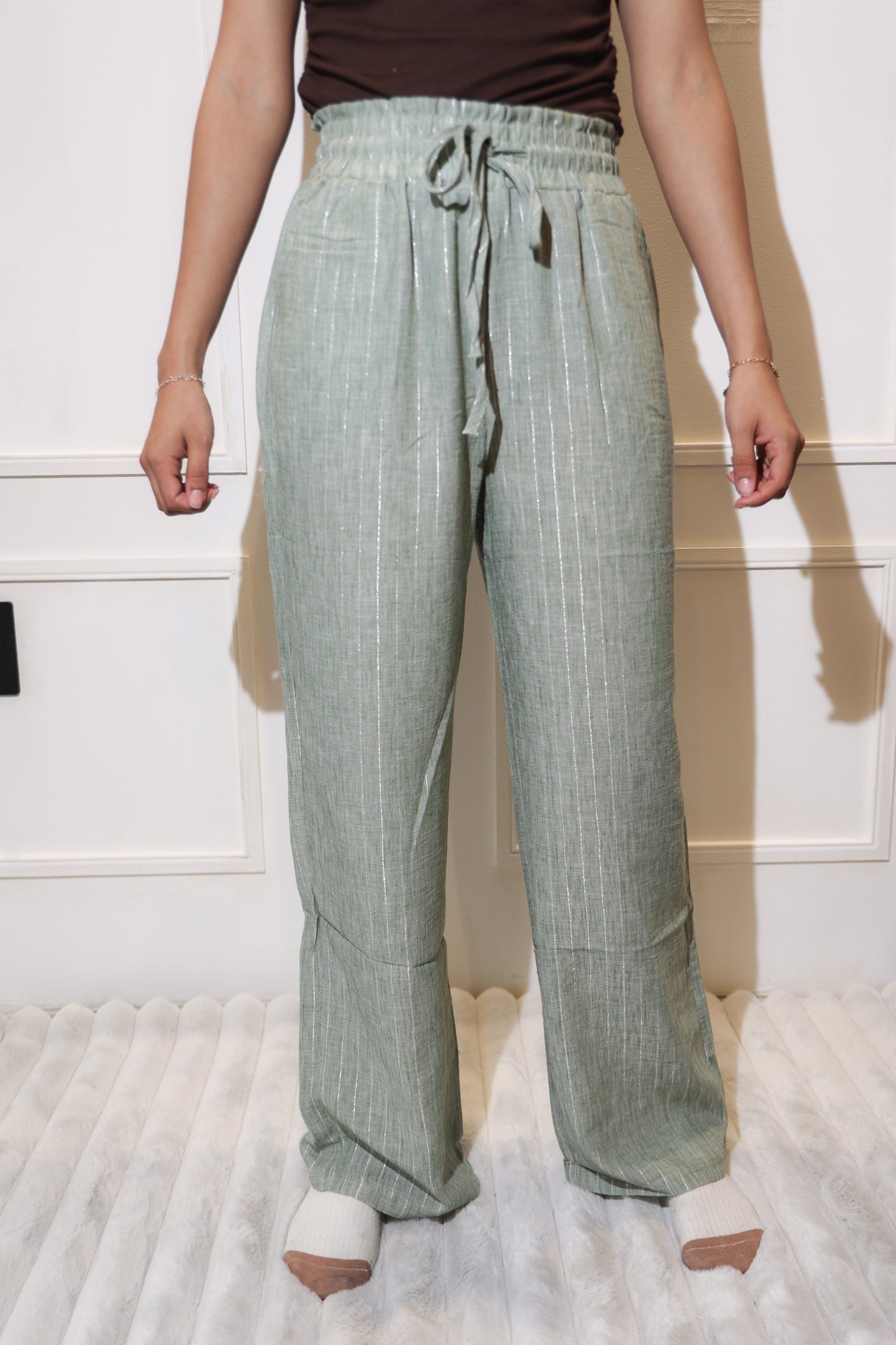 1873 pantalon con rayas verde tela fresca