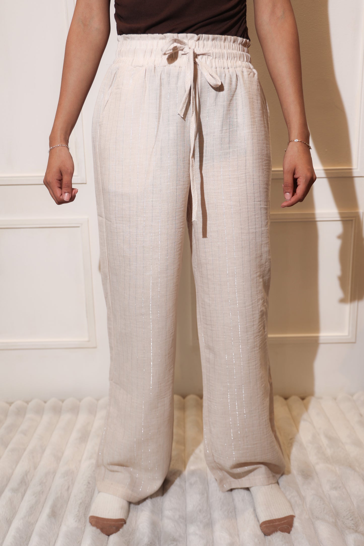1873 pantalon con rayas beige tela fresca