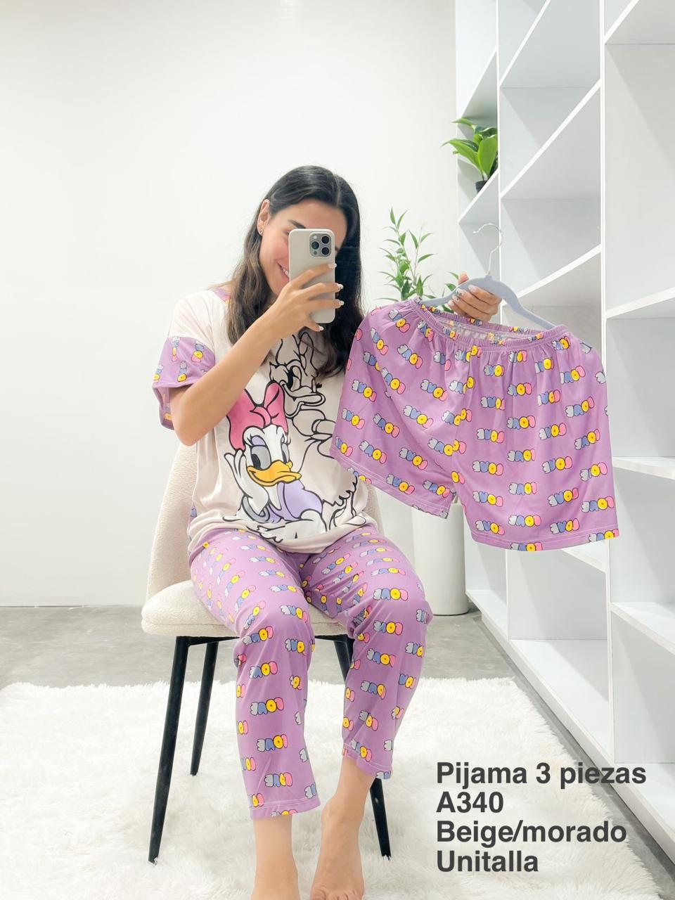 A340 Pijama Set 3 Piezas Beige/Morado Unitalla - Mayoreo Calzado AndyPIJAMA