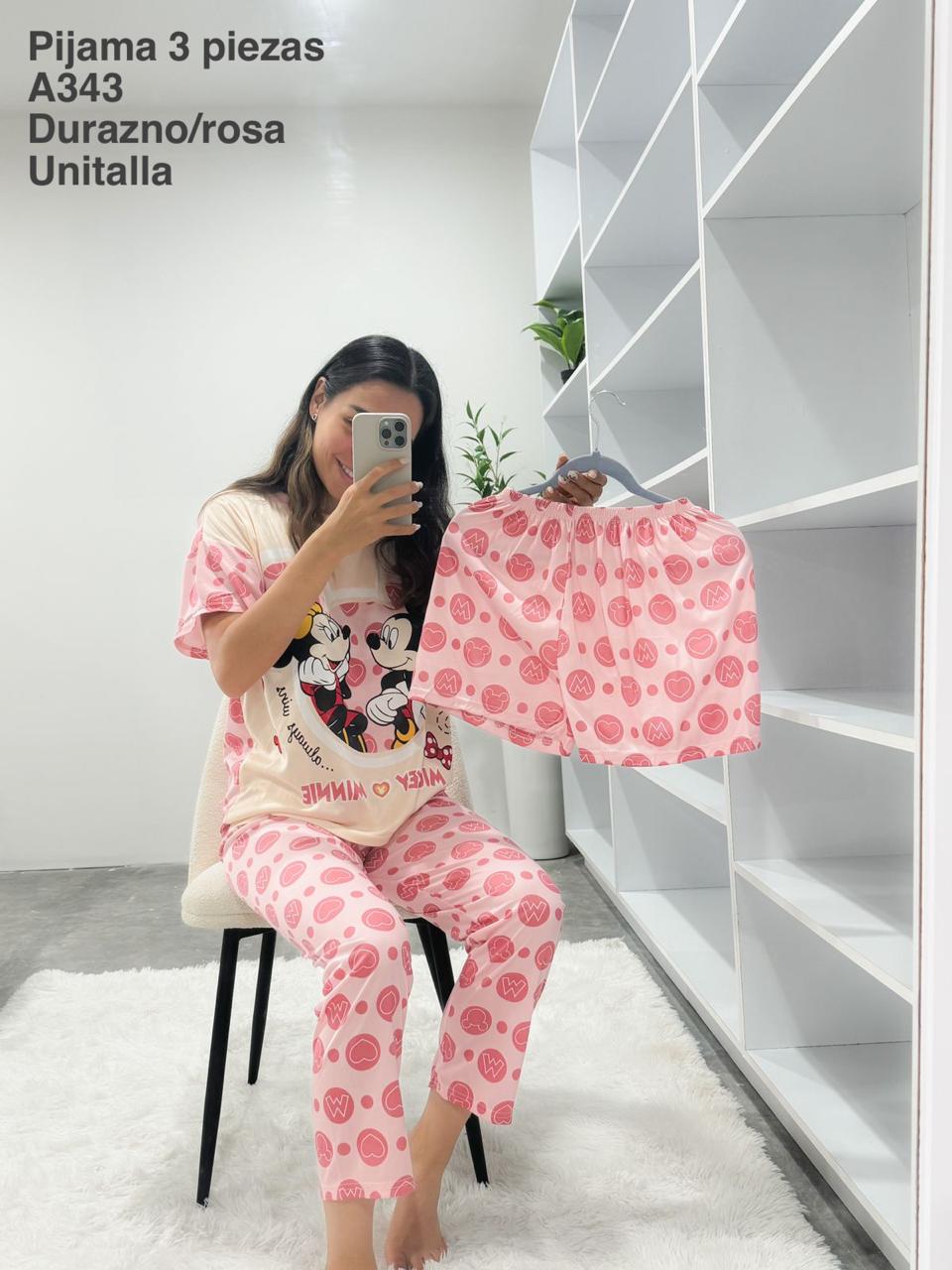 A343 Pijama Set 3 Piezas Durazno/Rosa Unitalla - Mayoreo Calzado AndyPIJAMA