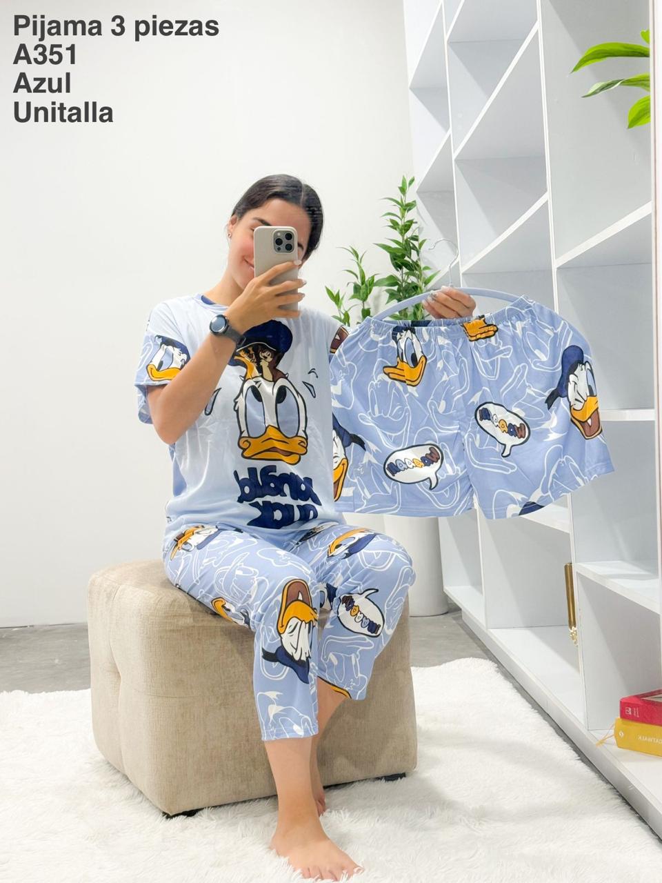 PijamaA351 Pijama Set 3 Piezas Azul Unitalla - Mayoreo Calzado AndyPIJAMA